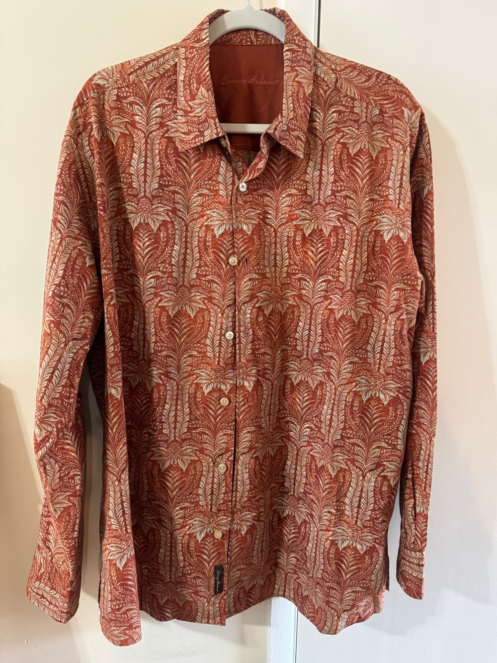 Vintage Tommy Bahama Silk Cotton Palm Print Button Up Shirt Orange Rust Size L